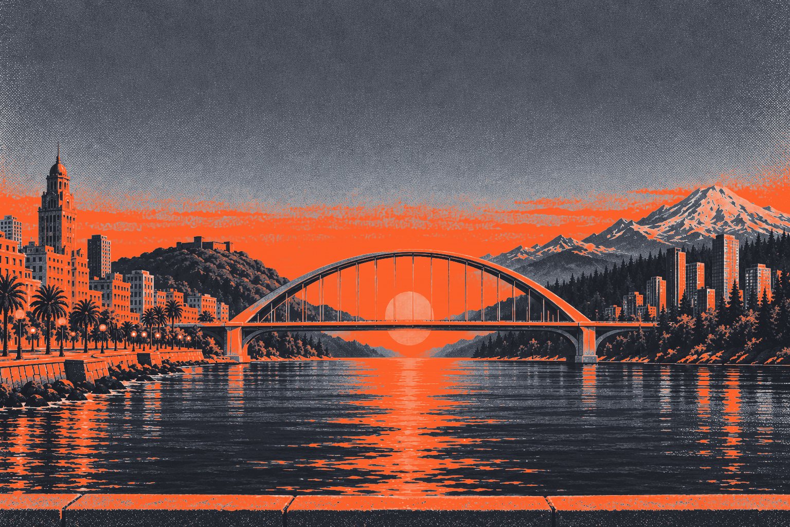 Illustration at sunset: a bridge with the sun under its arch, joining Montevideo's seaside promenade and Bellevue's towers and evergreen forest, with Mount Rainier behind.
